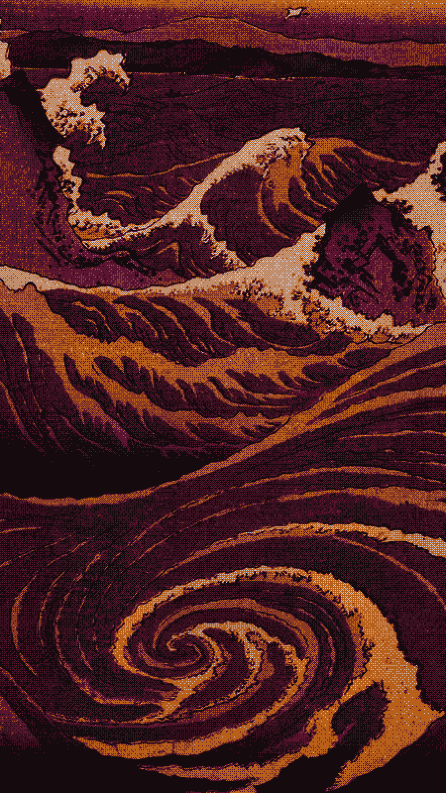 Dithered woodblock print of a whirlpool and breaking waves